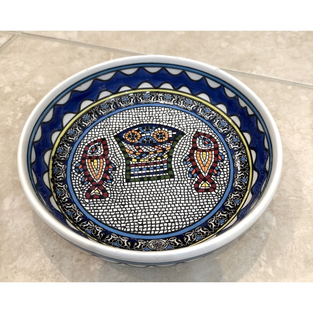 J.TAMIMI Pottery Bowl Biblical Fish & Loaves Hand Painted Armenian Ceramic Dish‎